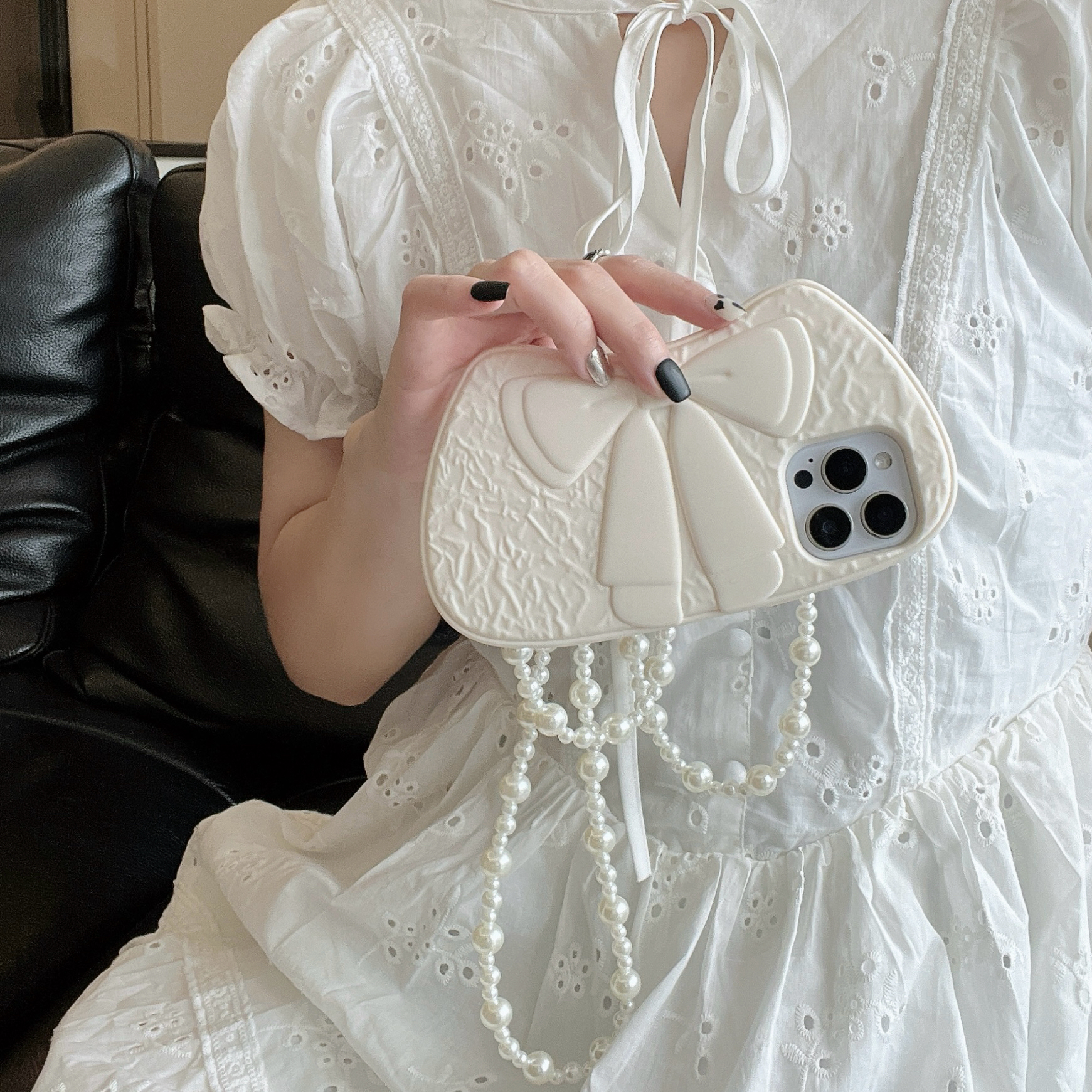 3D White Big Bowknot Soft Silicone Phone Case for iPhone 12/13/14/15/16 pro Max Protect Back Cover, Long Crossbody Pearl Lanyard