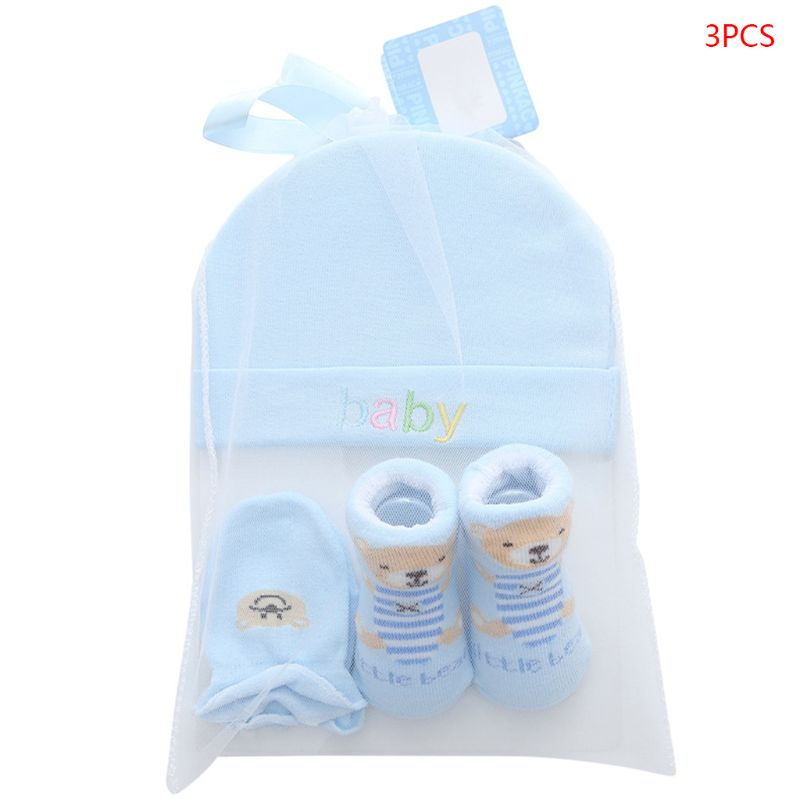 Chapeau et mitaines pour bébé fille et garçon, chaussettes confortables, en coton, accessoire pour -né, de 0 à 3 ans, collection automne et hiver: Bleu
