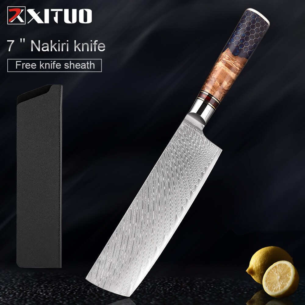 XITUO-Juego de cuchillos de cocina de acero damasco, 67 capas, afilados, duraderos, cuchillo de corte multifuncional, mango de panal de resina azul: 7 inch Nakiri knife