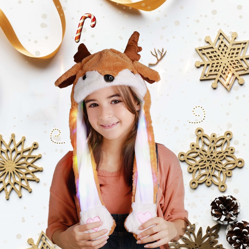 Julehjort hat hat bevægende øre med lys og musik sød tegneserie legetøjshat kawaii sjov kasket børn skinner vinterhat