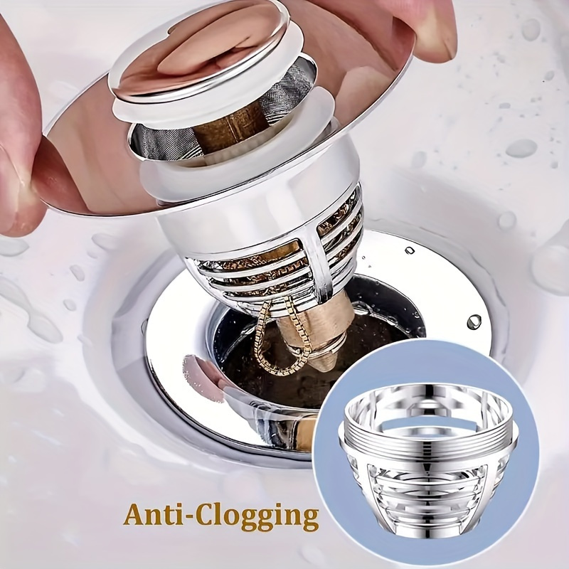 Universele Rebound Aftapplug Filter Wastafel Pop-up Chrome Gootsteenfilter met Haarvanger Badkamer Gootsteen Afvoerstopper Push Type