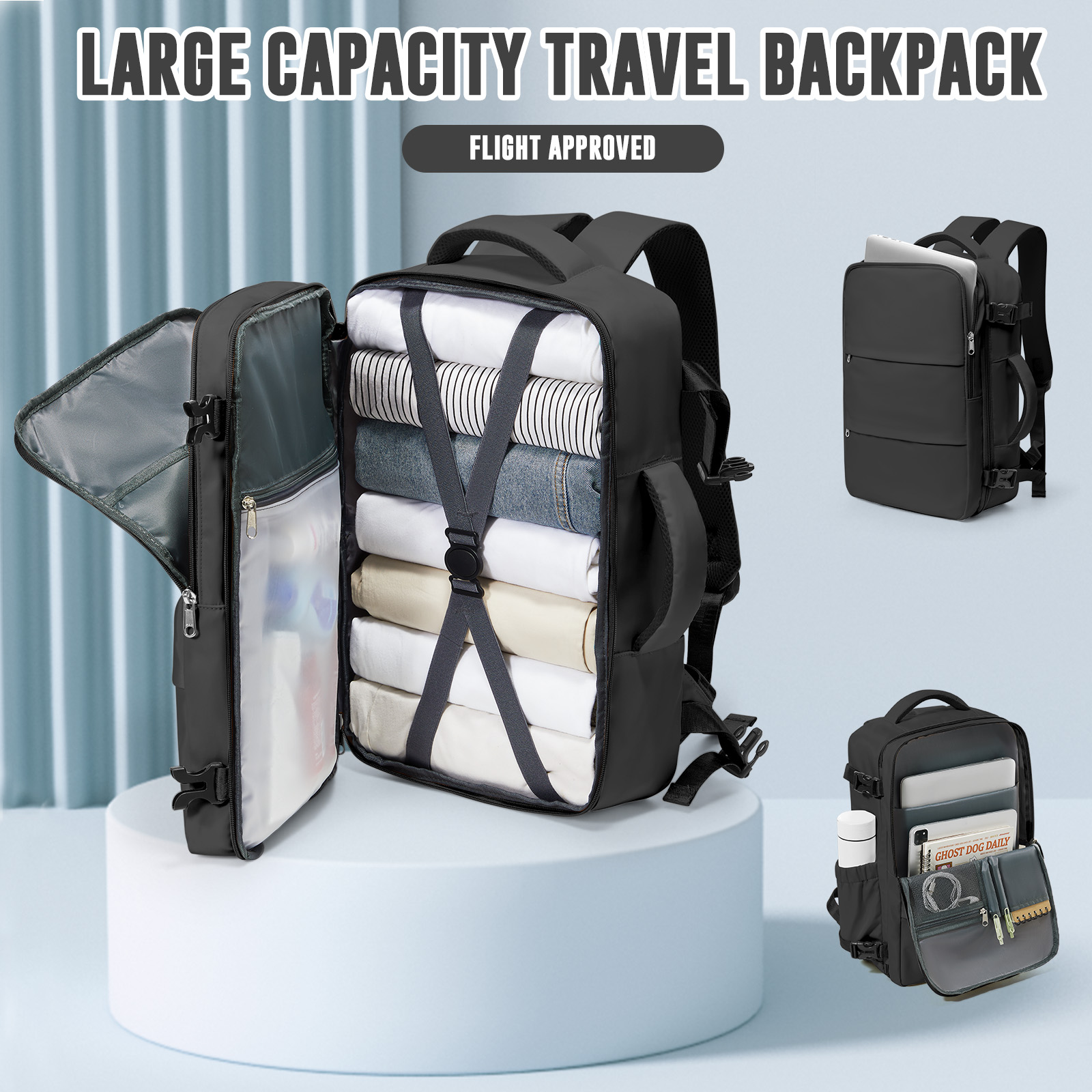 Hand Luggage Backpack For Women Men Business College Laptop Travel Backpack Waterproof Carry on Bags mochila viaje cabina avion: black