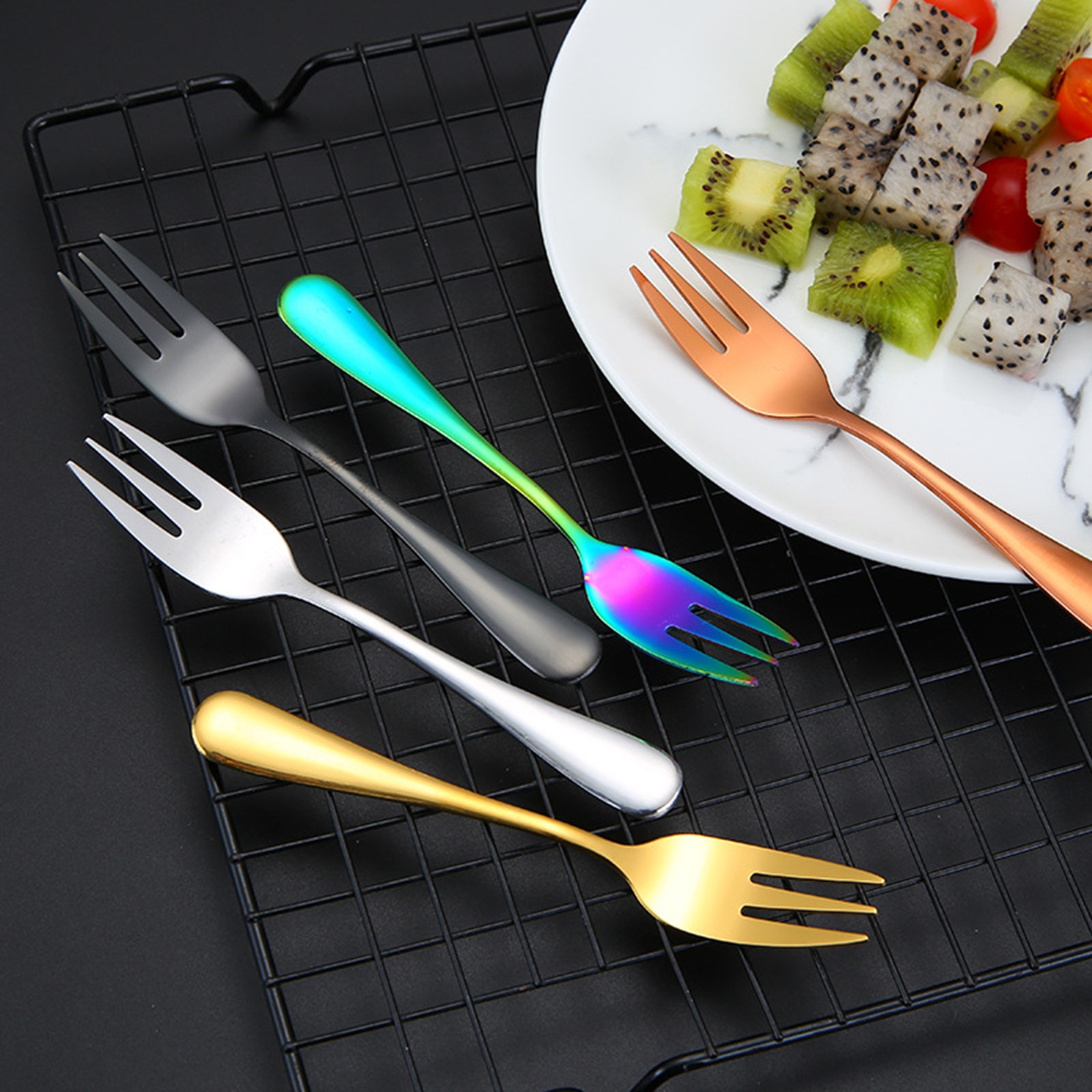 8pc Fruit Fork Stainless Steel Ice Cream Cake Forks Gold Colourful Tea Fork Dinnerware Set Party Restaurant Supplies Accessories