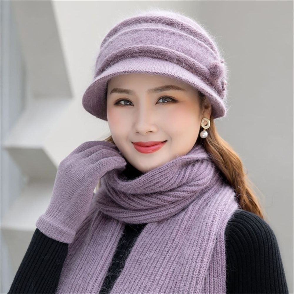 2/3pcs/Set Ladies Warm Thick Women Hat Scarf Set Knitted Beanies Caps Winter Hats Knitted Gloves Winter Hats: light purple-3pcs