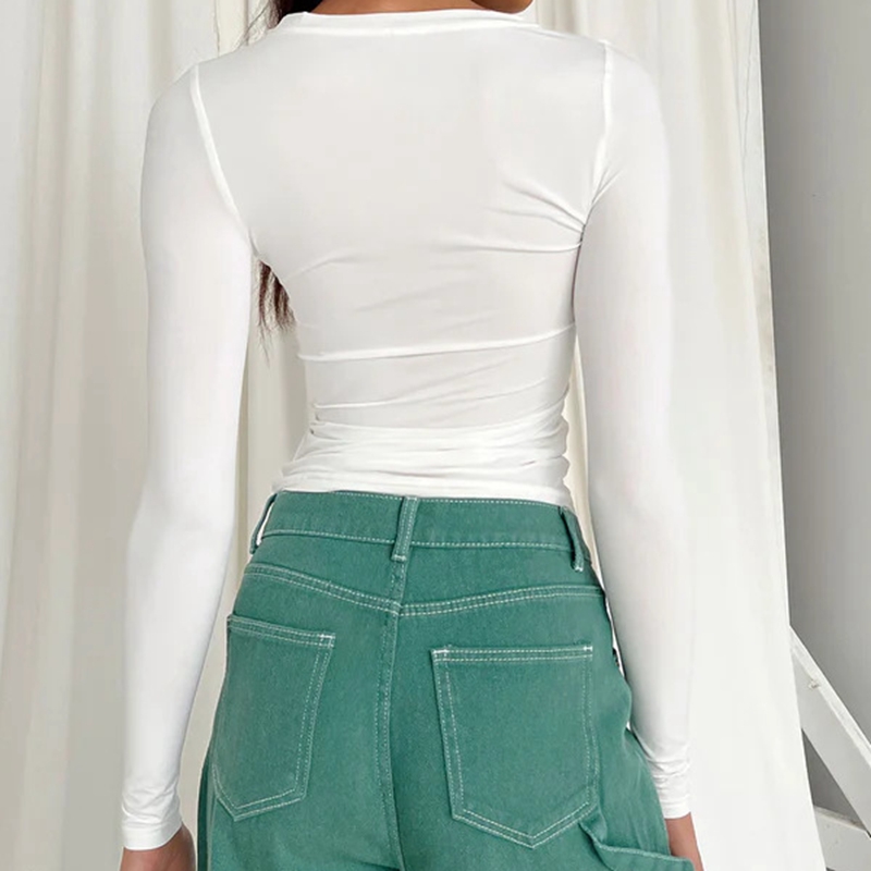 Mulher roupas de manga longa camiseta fino ajuste topos feminino o pescoço de malha perto camiseta street wear 2024 novo 2408