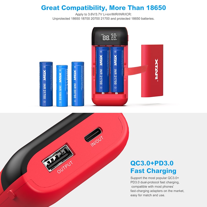 Xtar-virtalähde 18650 akkulaturi  pb2s qc3.0 pikalataus 21700 20700 18700 ladattavaa akkua 18650 laturin virtapankki