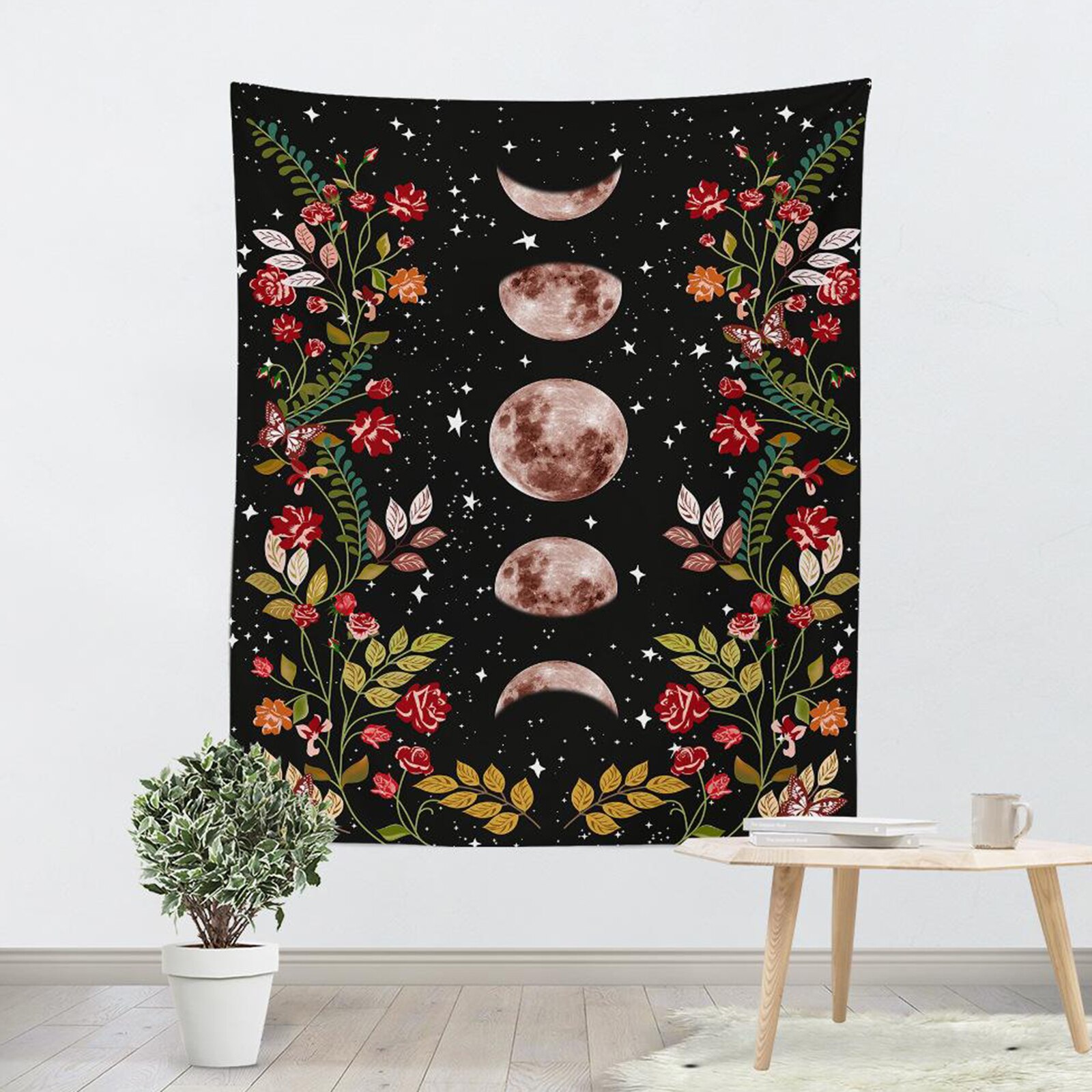 Garden Tapestry Moon Phase Surrounded by Vines and Flowers Black Wall Decor Tapestry: Style1 150x100cm