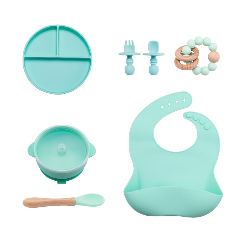 7Stck Baby Fütterung einstellen BPA FREI Lebensmittel Klasse Baby Silikon Gabel Löffel Gerichte Platte Schüssel Baby Fütterung Lieferungen freundlicher der Geschirr: 7Stck Minze