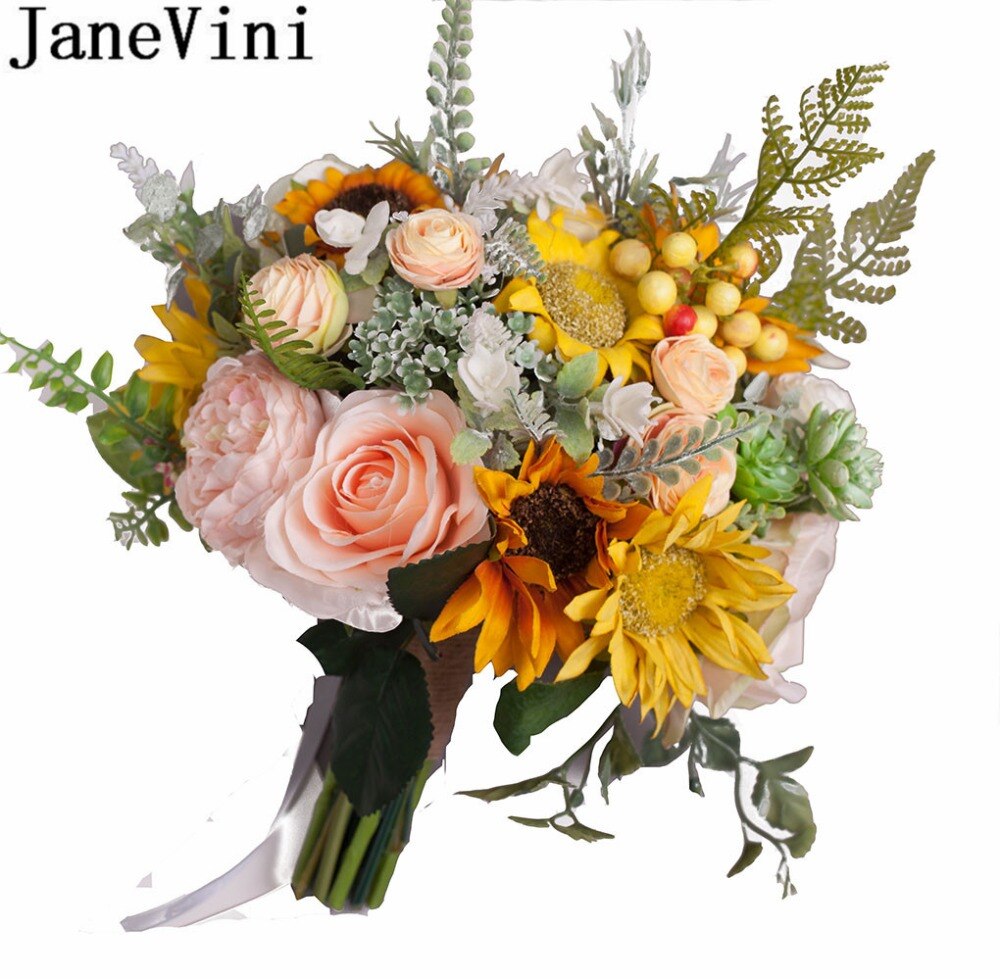 JaneVini żółty panna młoda ślub bukiety ślubne kwiaty sztuczne słonecznika jedwab Róża druhna broszki bukiet Fleur 2019 nowy