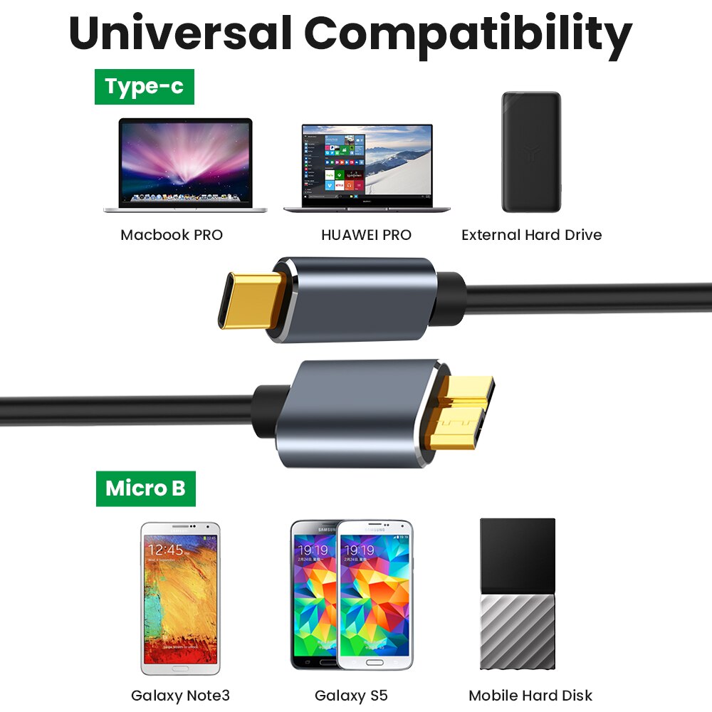Micro B USB C 3.0 Cable Connector Quick Charging Type-C to USB 3.0 5Gbps External Hard Drive Disk Cable for Hard Drive Computer