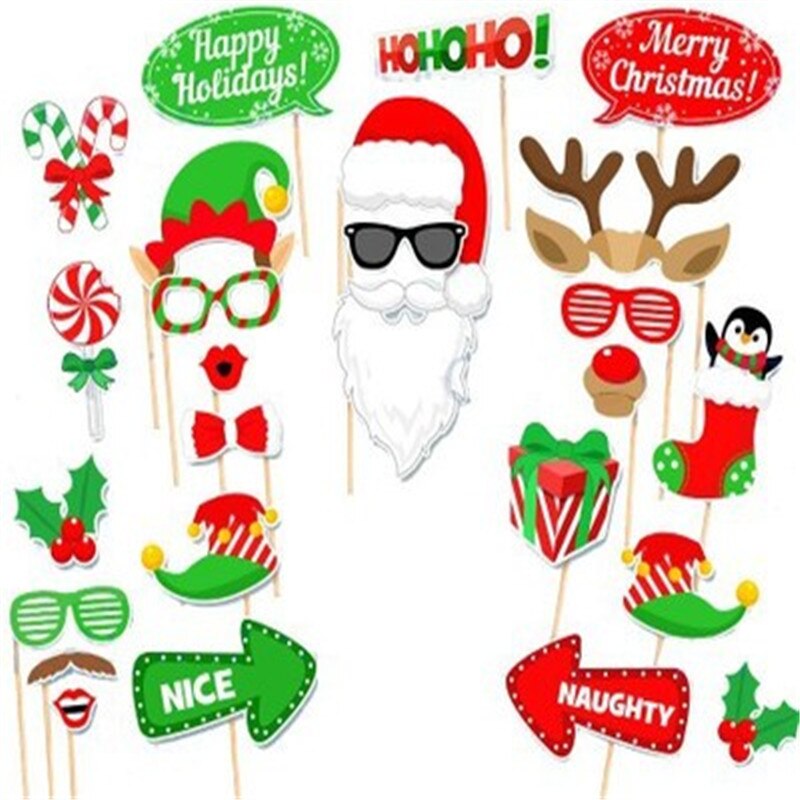 Kit de accesorios para photocall navideño de 32 Uds., feliz Cartel de Navidad, sombrero de Papá Noel, asta para Barba, adorno para el discurso, vacaciones, reunión familiar, decoración para