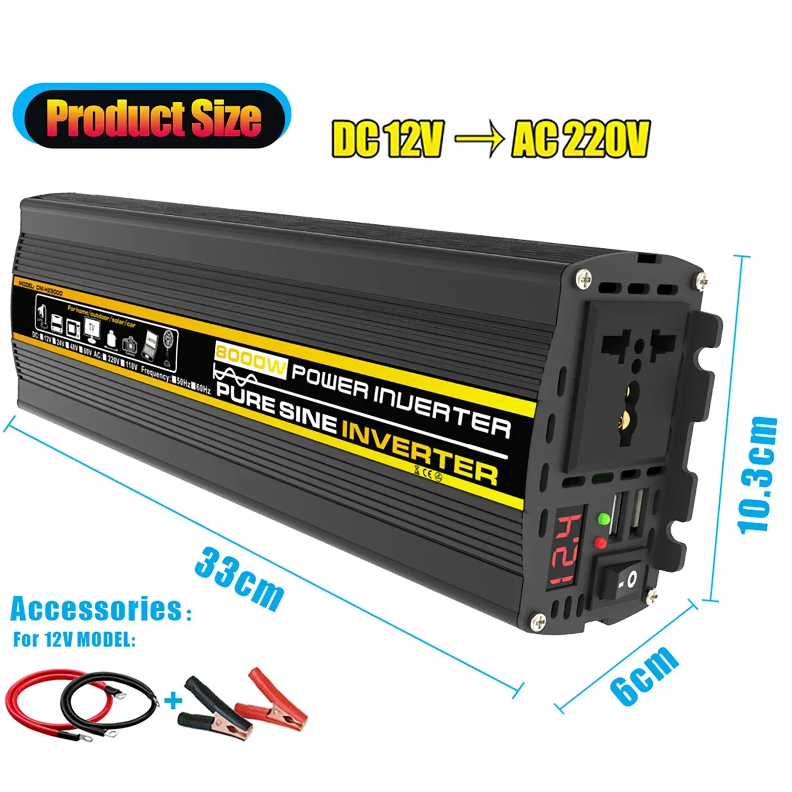DC12V zu AC 220V Konverter Reine Sinus Welle Energie Wandler 3000W-8000W Spannung Transformator Intelligente Digital Anzeige Auto Hause