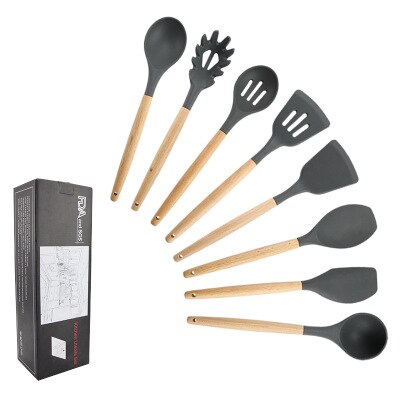 11 st silikon köksredskap set, rosa massivt trä handtag med förvaringslåda, köksutrustning kit köksredskap tillbehör: 8pc grå b