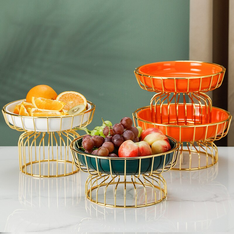 Houseware Fruit Plate Wrought Iron Frame Ceramic Dessert Plate Candy Plate Tall Fruit Plate Box Set With Souvenirs