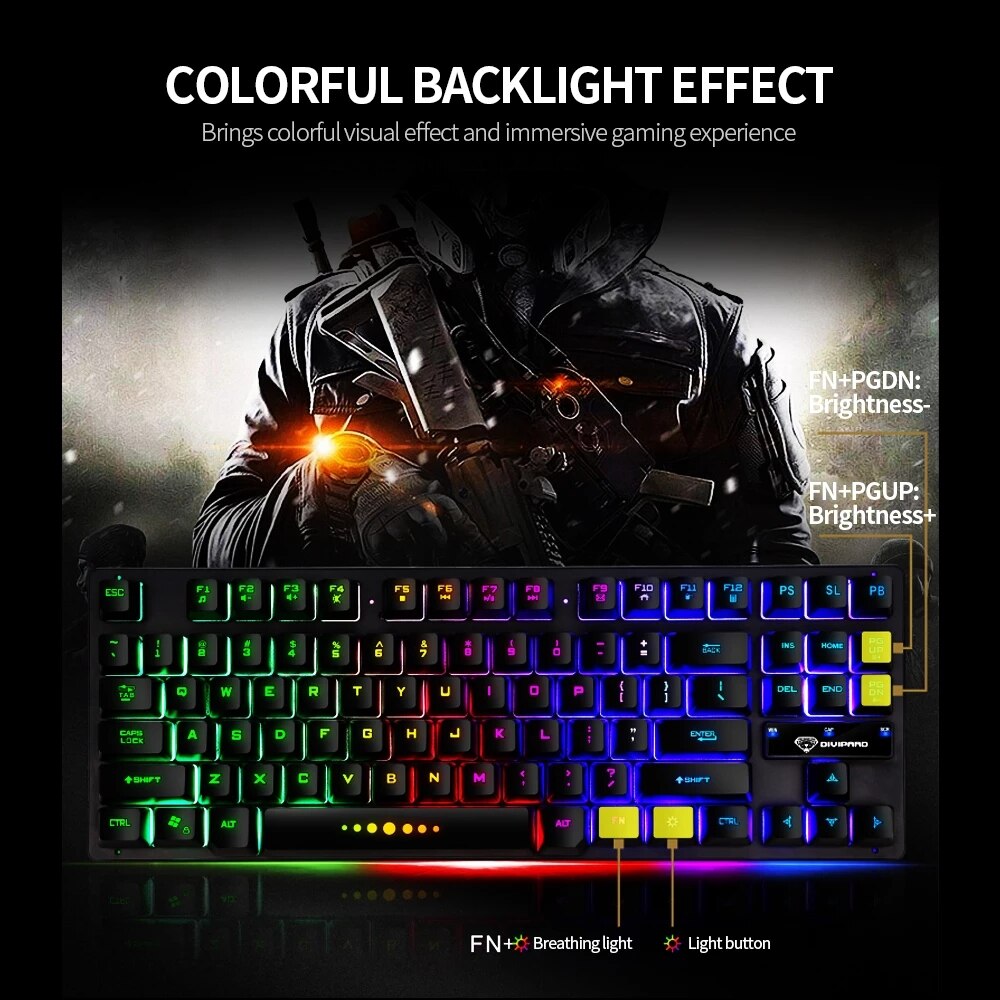 GK 10 mechanical keyboard 87 keys waterproof USB wired keyboard colorful backlit keyboard ergonomic wired game keyboard
