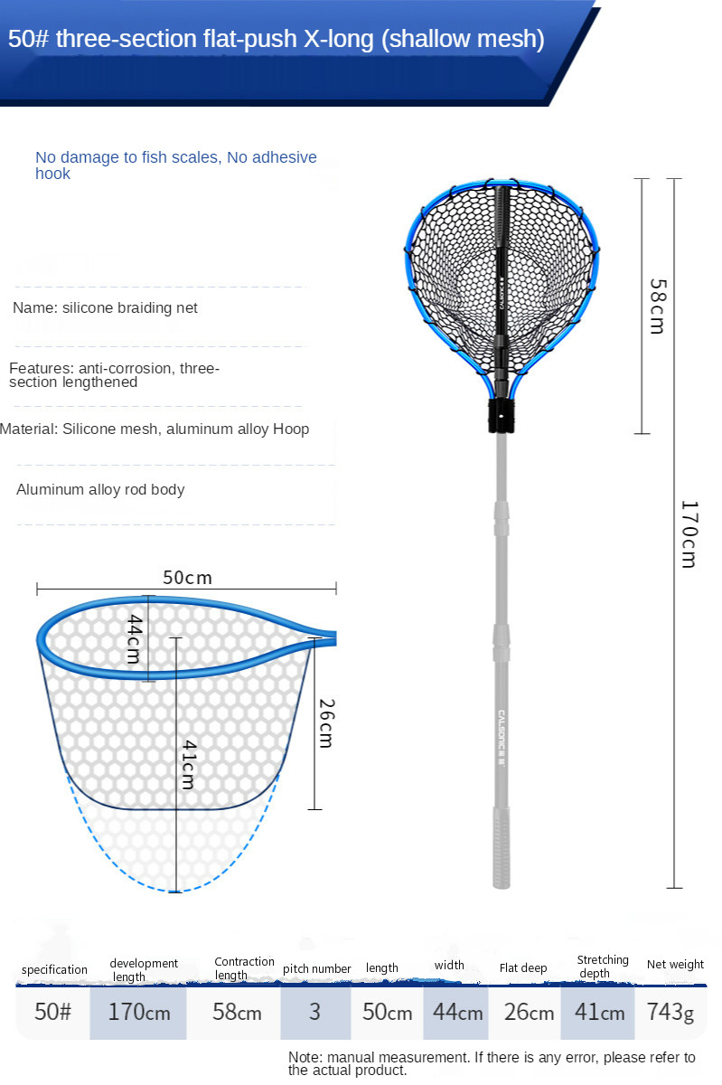 Big Fish Sea Fishing Net Lura Hand Net Aluminium Alloy Outdoor Fishing Blue Silica Gel Diddle-net Lura Net 3 Flat Push Expansion: 50 3-section 1