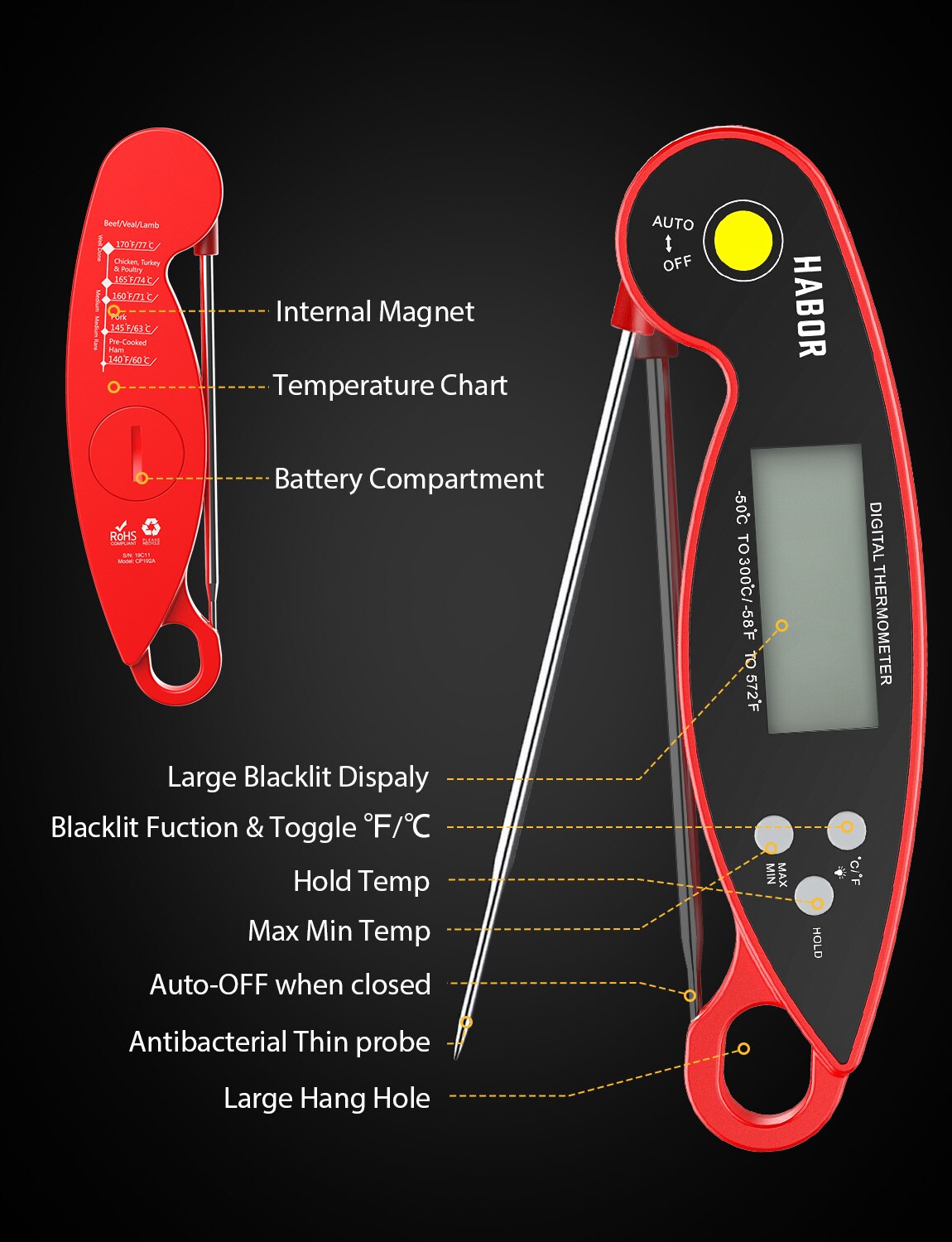 Habor Food Thermometer Digital Kitchen Thermometer Meat Water Milk Cooking Probe BBQ Electronic Oven Waterproof Kitchen Tools