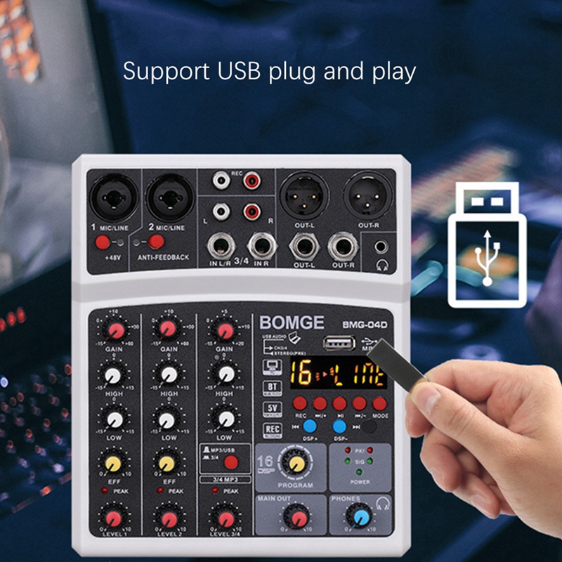 Sound Card 4-Channel Mixer Outdoor Conference Audio USB Bluetooth Reverb Audio16 Digital Effects