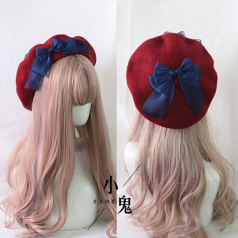 Muticolors Lolita berety mieszanka wełny kapelusz kobiety kokardka dziewczęca styl marynarski elegancki, szykowny czapka studencka: blue bow