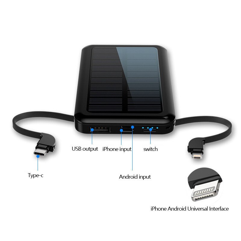 80000 mah mini solcelle mobil powerbank bærbar hurtigopladning eksternt batteri med 2 ladekabler led belysning