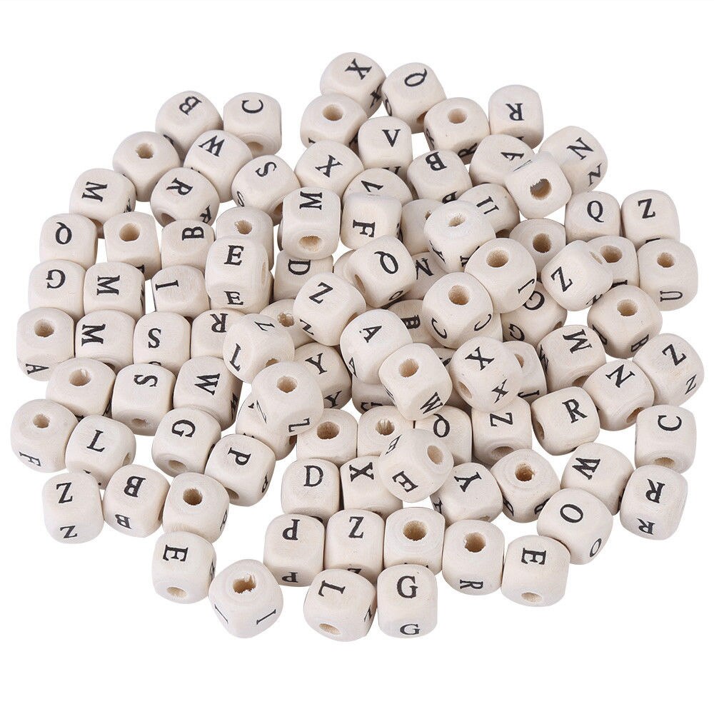 100pcs Natural Mixed Wooden Alphabet Letter Spacer Cube Beads Craft DIY 10mm ark