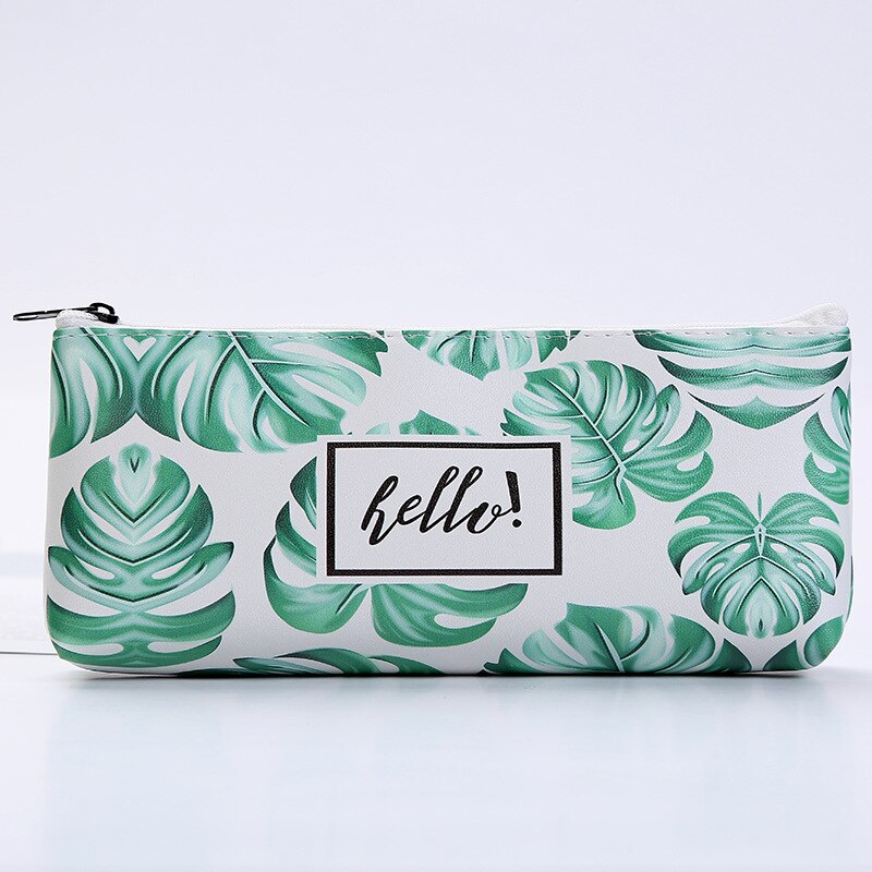 fresh leaves pencil case Waterproof PU pen box school pencil case Stationery box small object storage bag: D-a208c