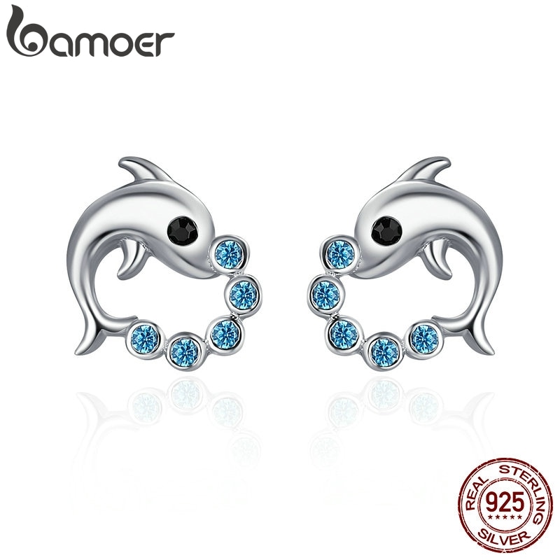 BAMOER Genuine 925 Sterling Silver Cute Dolphin Love Ball Animal Stud Earrings for Women Sterling Silver Jewelry Bijoux SCE179