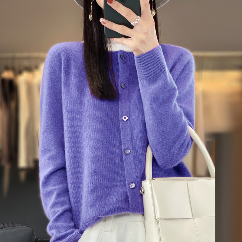 mujer 100% cárdigans de lana merina suéter de cachemira Otoño Invierno cuello redondo prendas de punto de manga larga ropa básica femenina Tops: M / Caqui