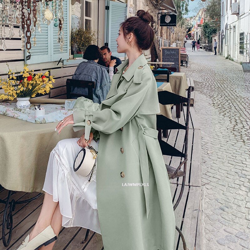 autumn Korean Double Breasted Trench Coats Female Sashes Belted Slim Waist outwear Women clothing spring FY139: Green / XL
