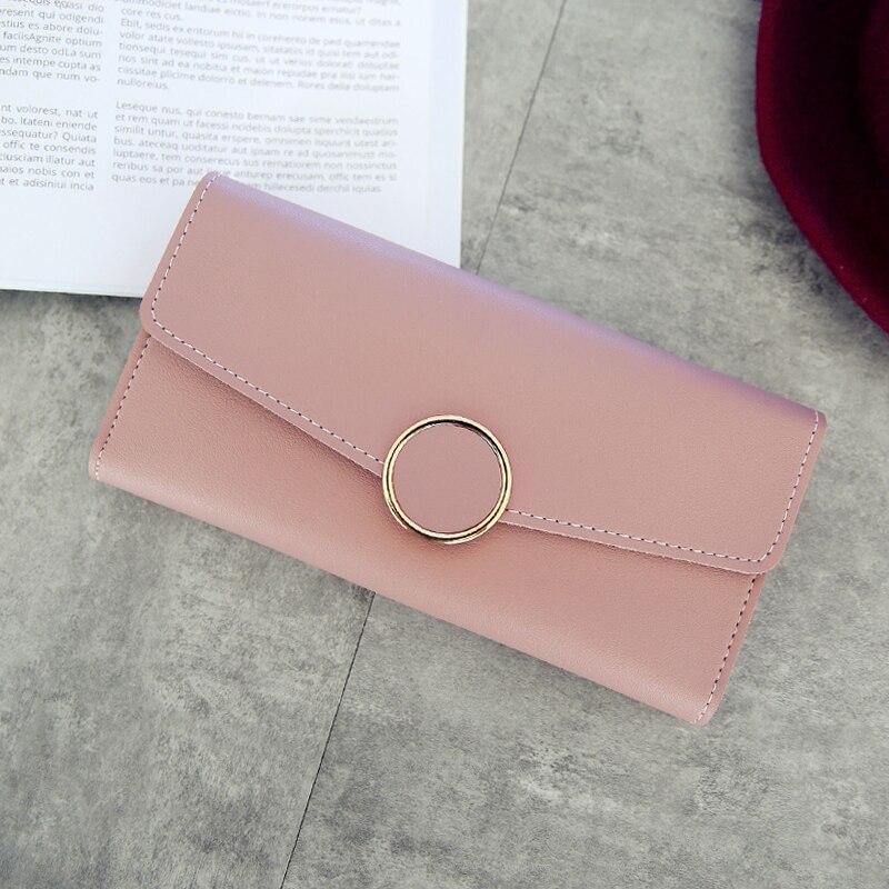 Wallet Leather Women Wallet Long Pu Leather Purse Zipper Metal Circle Decor Wallets Female Hasp Coin Purse Clutch Black: Long-DarkPink