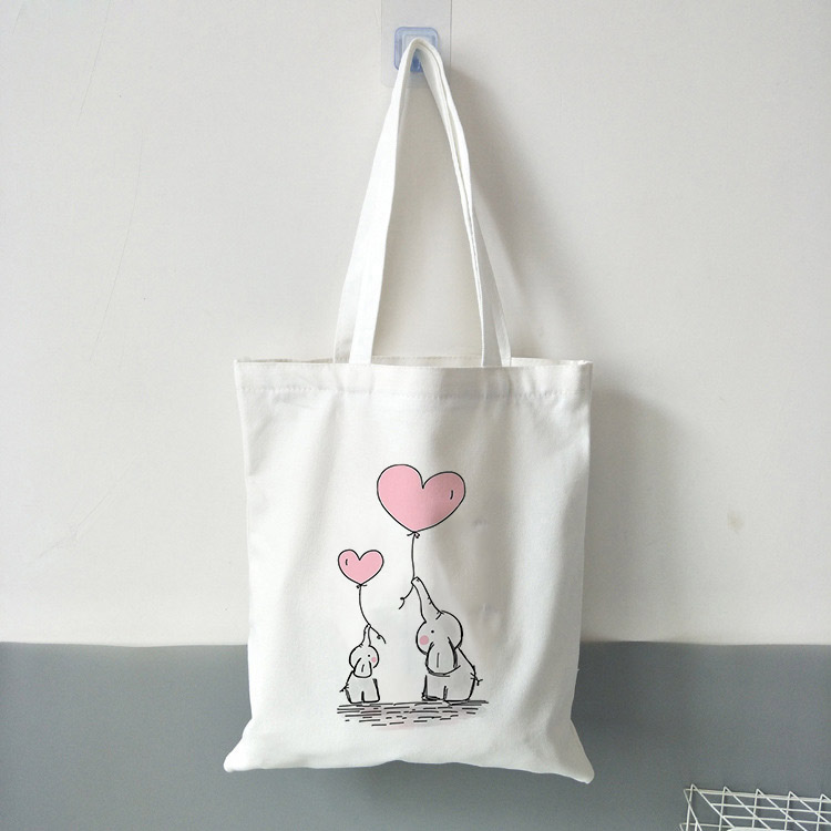 Kawaii söt elefant ballongtryck college canvas axelväska tecknat tryck stor kapacitet vita väskor tryckta väskor