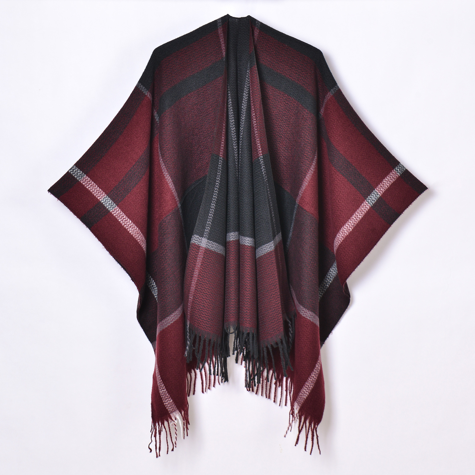 Autumn Winter Warm Tassel Cardigan Poncho Cape Blanket Women Knitted Jacquard Striped Outerwear Shawl Cloak: Beige