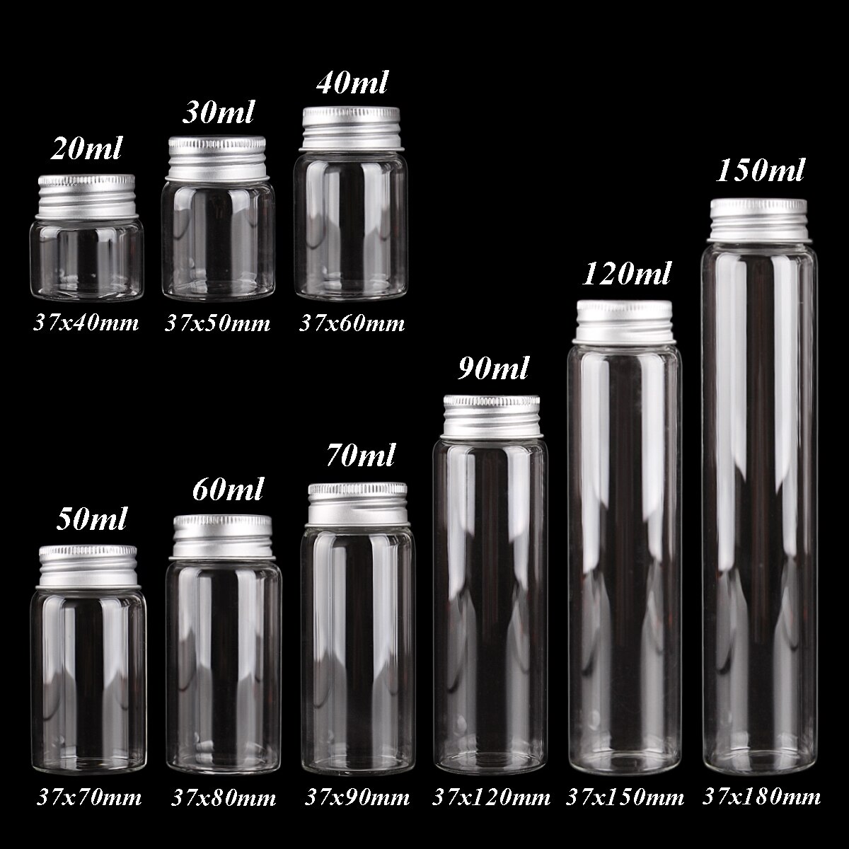15pcs 20ml-150ml Glass Bottles with Aluminum Lids Diameter 37mm Candy Jars Pill Container 9 Sizes U-pick