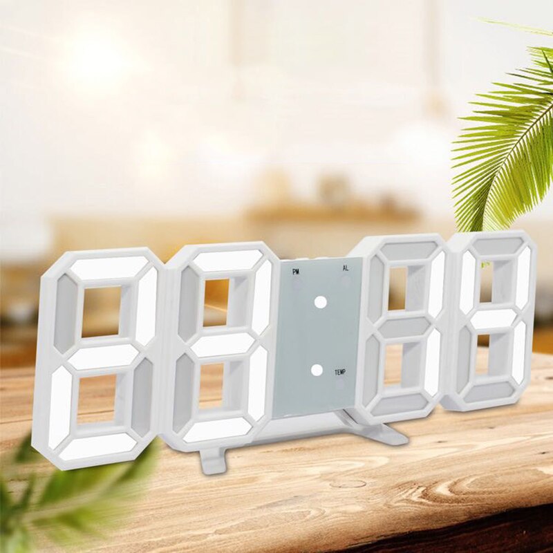 Grote digitale led-wandklok met snooze-tijd, modern 3d 12 24 uur display: Wit