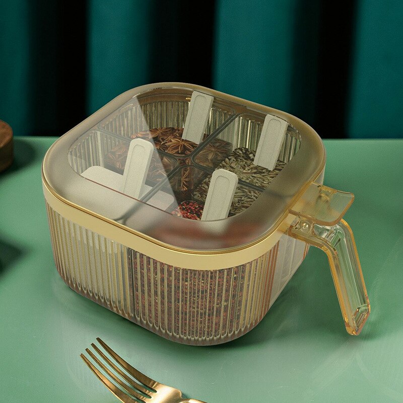 Seasoning Organizer Box Salt and Pepper Set Integrated 4 Grid with Spoon Spice Jar Condiment Dispenser Kitchen Home Container: B