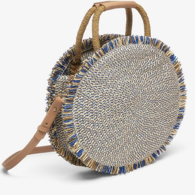 Bolsa de paja para playa para mujer, bolso redondo de tejido bohemio, bolso de mimbre de paja Vintage, bolso de playa con flecos, bolso de mano con flecos: B