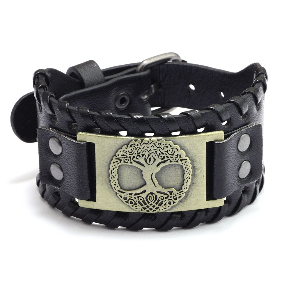 Pulsera de piel con brújula pirata para hombre, de tótem ancho, joyería vikinga celta, accesorios de pulsera, de: Plata antigua plateada