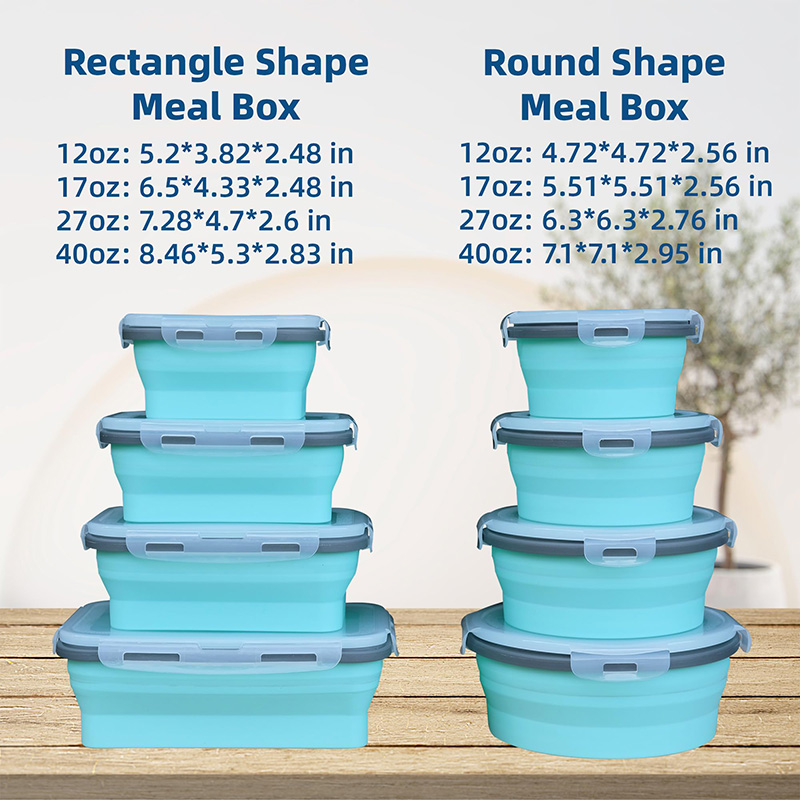 Recipientes redondos plegables de silicona con tapa aptos para congelador y lavavajillas Fiambrera rectangular plegable para camping