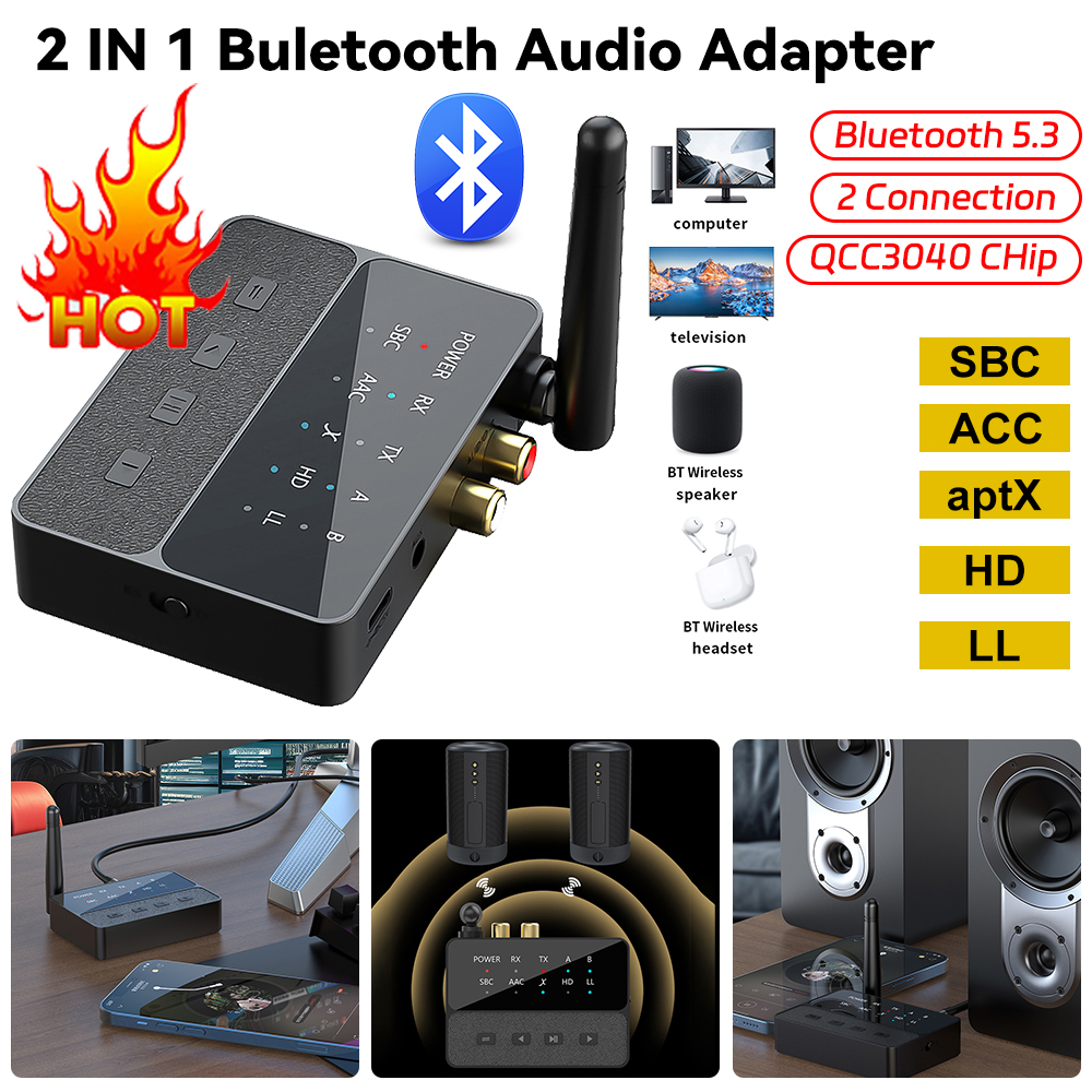 Bluetooth 5.3 aptX/HD/LL Audio Adapter 3.5mm Aux R/L Wireless Stereo Receiver Transmitter Connect two Bluetooth devices
