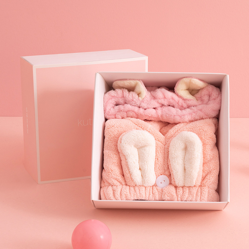 Roze Meisjes Droog Haar Cap Verdikte Water-Absorberende Sneldrogende Coral Fleece Badmuts Wassen Gezicht Hoofdband Set voor Make-Up Remover