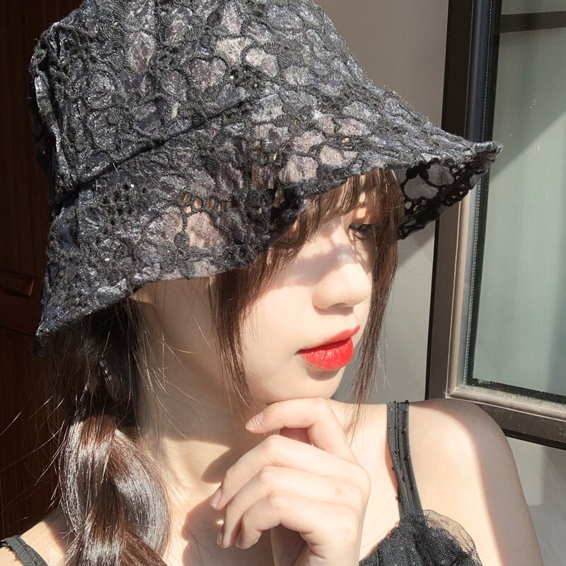 Newly Women Lace Hat Soft Lace Flower Wide Brim Sun Hats Floppy Hollow Fisherman Hats Bucket Hat