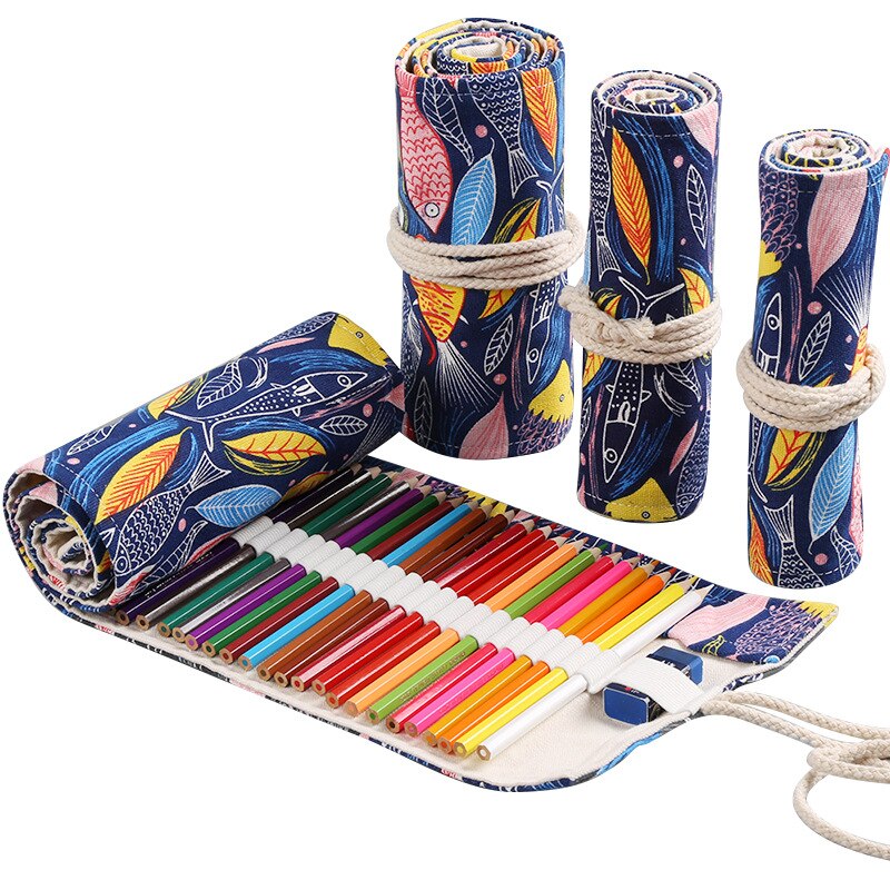 72 Gaten Schoolbenodigdheden Roll-Up Potlood Zakken Voor Kleur Potlood Pennen Tas Potlood Pouch Canvas Handgemaakte Bloemenprint kawaii Bgas: 72 hole color fish