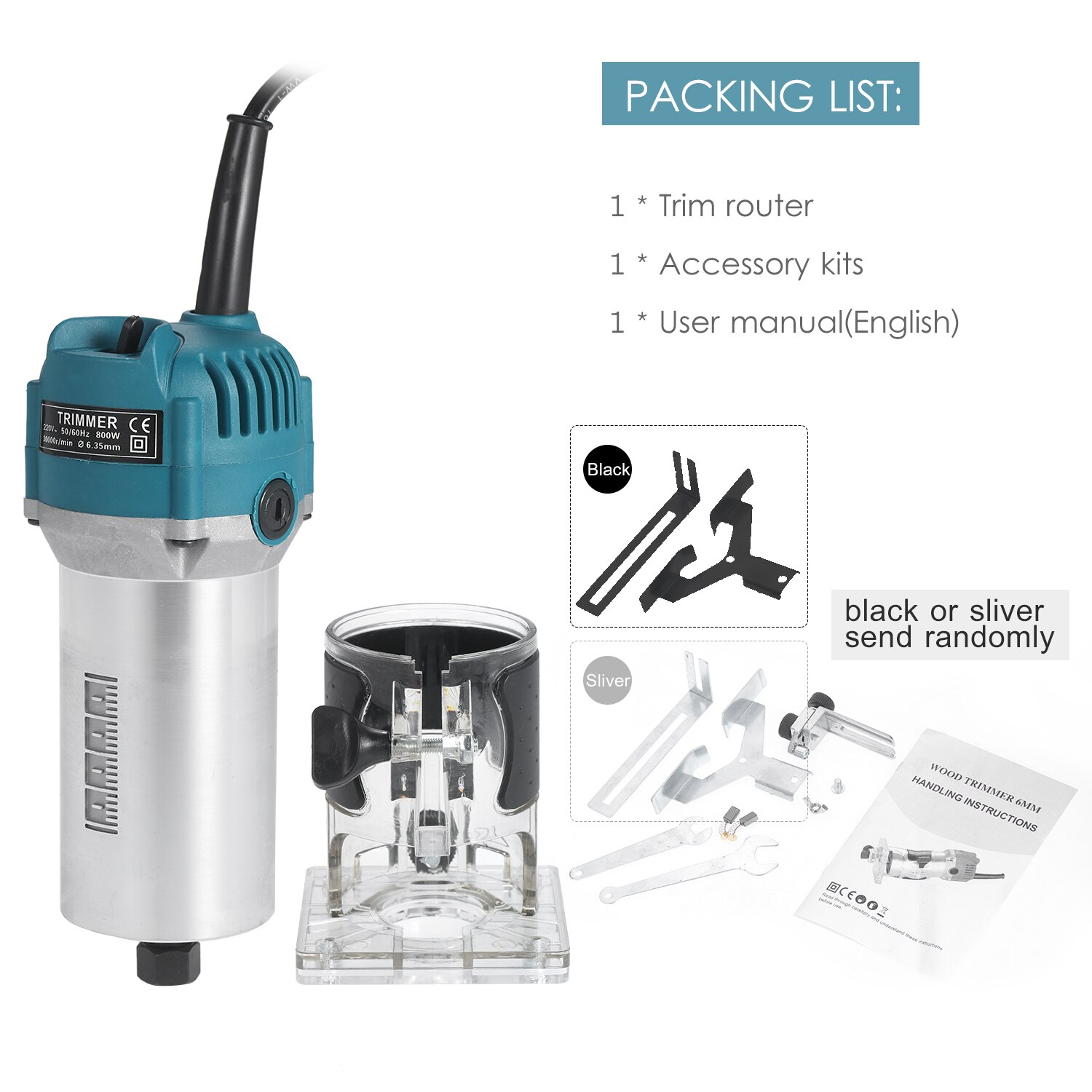 220V 800W Trim Router 30000r/min with Base Electric Trimmer Compact Palm Router Corded for Woodworking Trimming Slotting Notchin