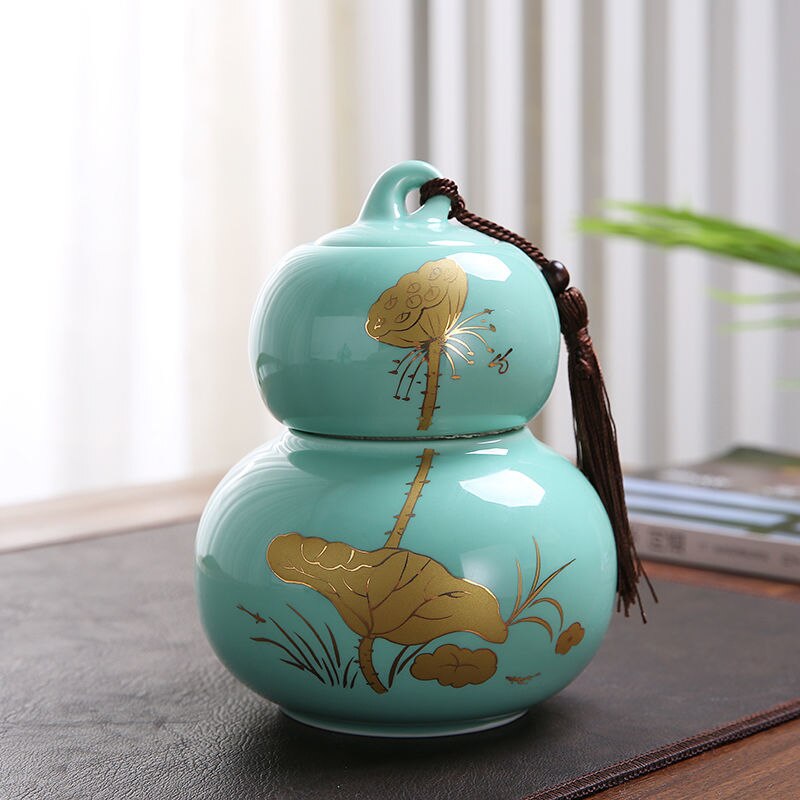 Tarro de cerámica chino de Kung Fu para decoración del hogar, recipiente de almacenamiento sellado con forma de calabaza, accesorios para ceremonia del té, especias: Emerald green