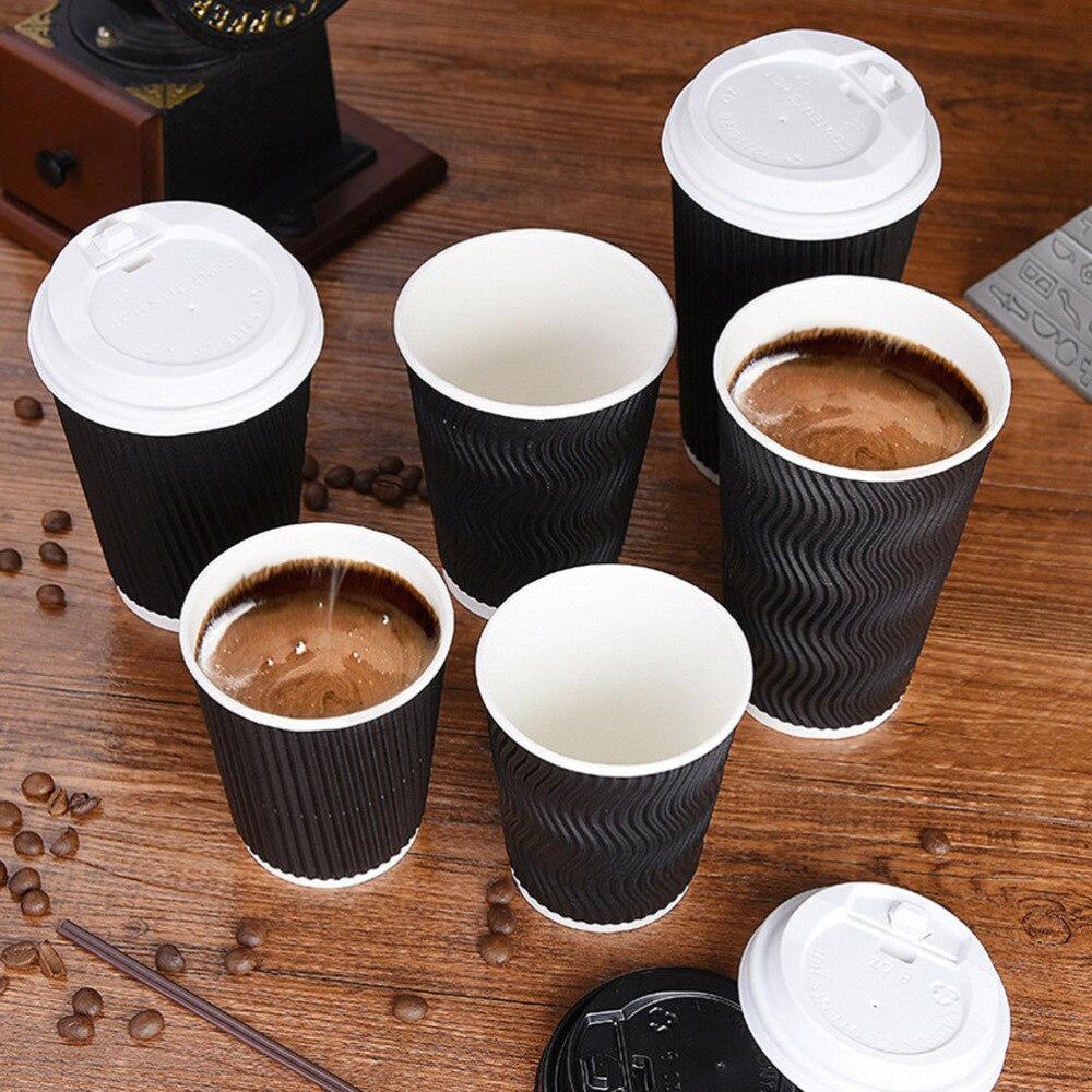 50 Stuks Wegwerp Koffie Kopjes Isolatie Takeaway Schroefdraad Papier Cup 8Oz Zwart