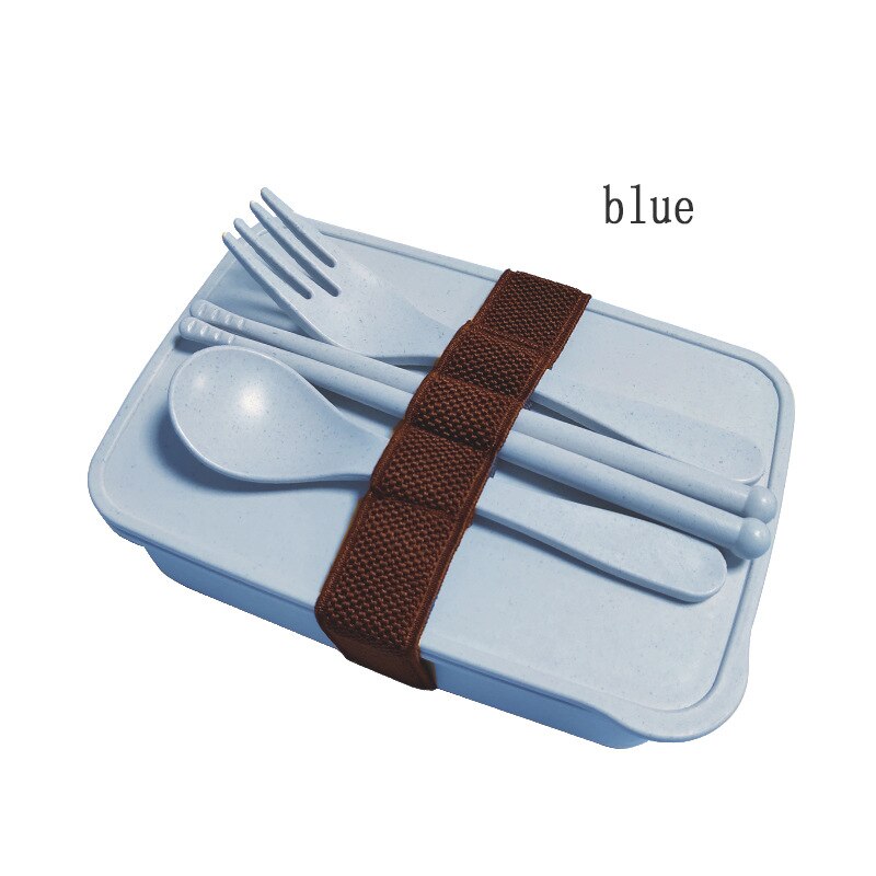 Fiambrera de fibra de bambú ecológica, fiambrera portátil con palillos, tenedor y cuchara, para estudiantes,: BLUE