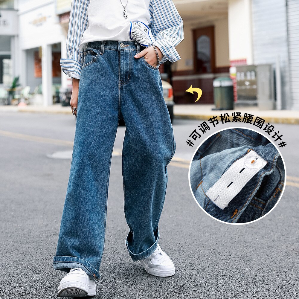 Pantalones vaqueros jóvenes para niñas, pantalones gruesos holgados de pierna ancha para niños, ropa vaquera azul, 8, 10 Y 12 años, Otoño e Invierno