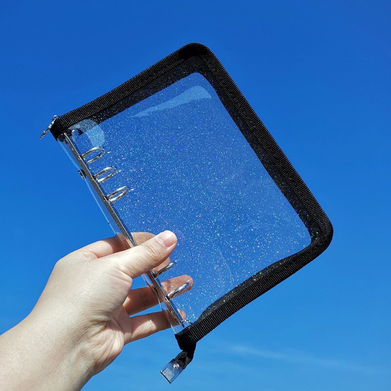 A5 A6 Losbladige Notebook Cover Glitter Rits 6 Gat Bindmiddel Clip Notepad: Black