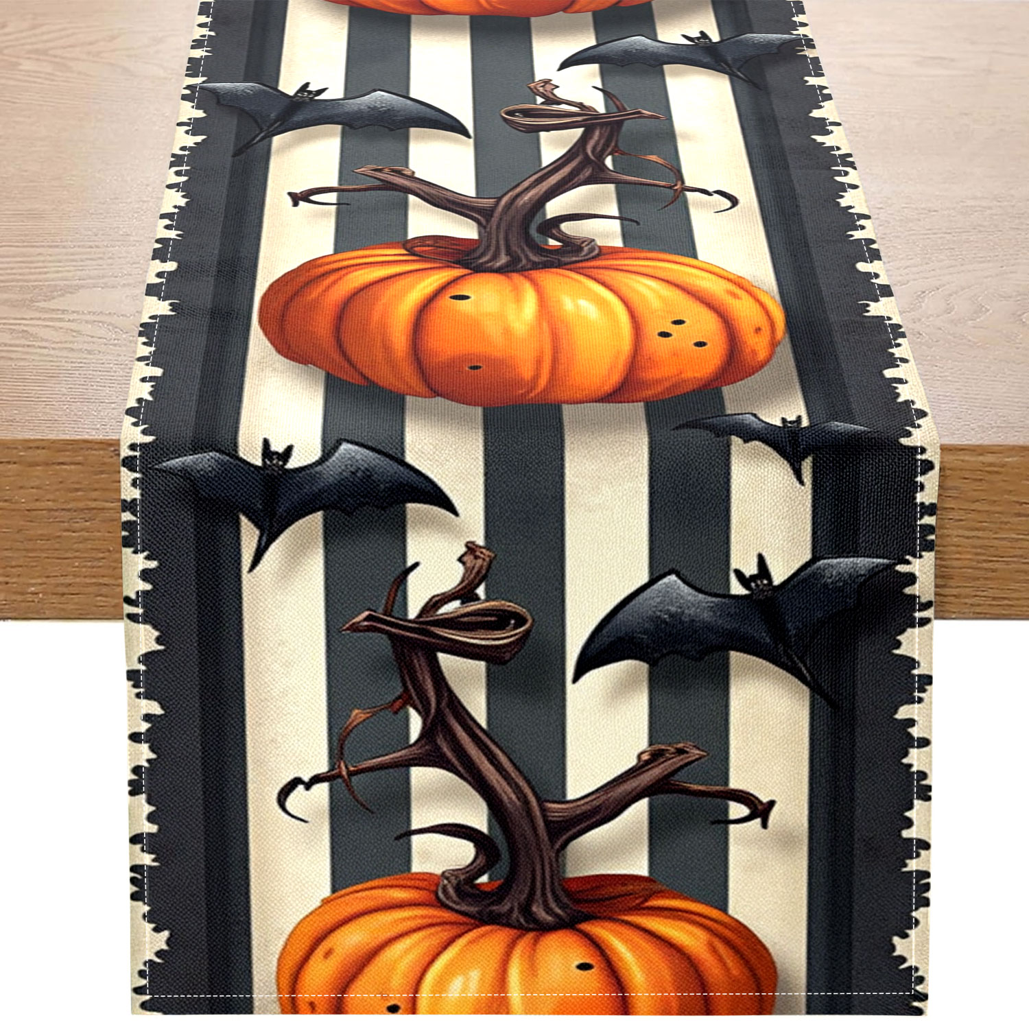 1 bordslöpare med halloween-tema, med mönster som pumpor och fladdermöss, lämplig för halloweenfester, heminredning och andra tillfällen: 30*220cm