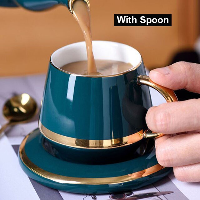 YeFine 180ML Ceramic Tea Cup Set Coffee Cups and Saucer European Style Breakfast Milk Cup Home Office Teacup Porcelain Drinkware: Green